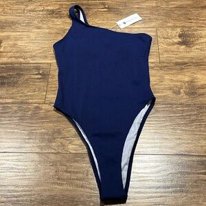 Navy blue one shoulder padded one piece bathing suit